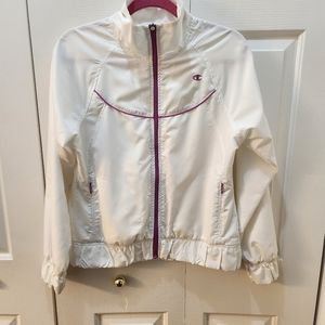 Champion Women's size M Full Zip Windbreaker White with Purple Trim Lined